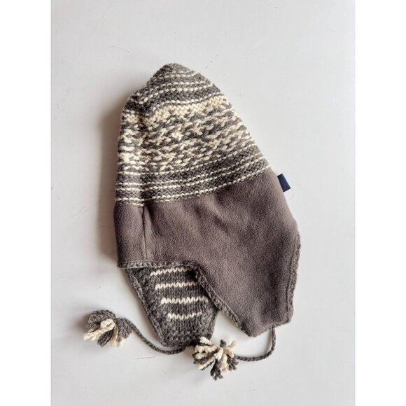 GAP Taupe Grey Ivory Shetland Wool Knit Pom Pom Trapper Beanie Hat, One Size - Picture 4 of 7